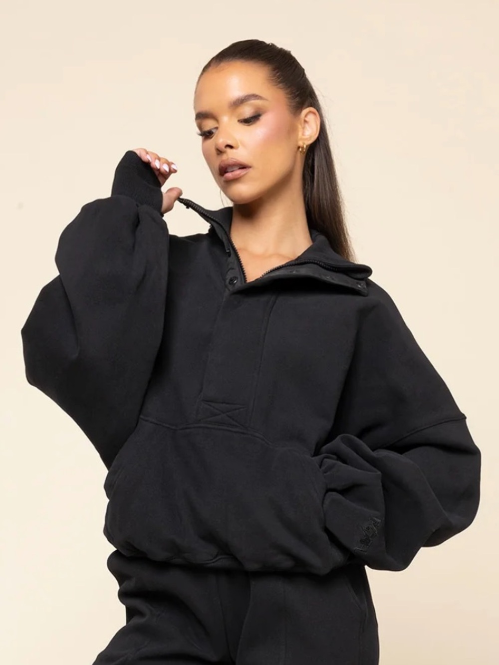 POPFLEX Black Oversized Half-Zip Pullover Sweatshirt